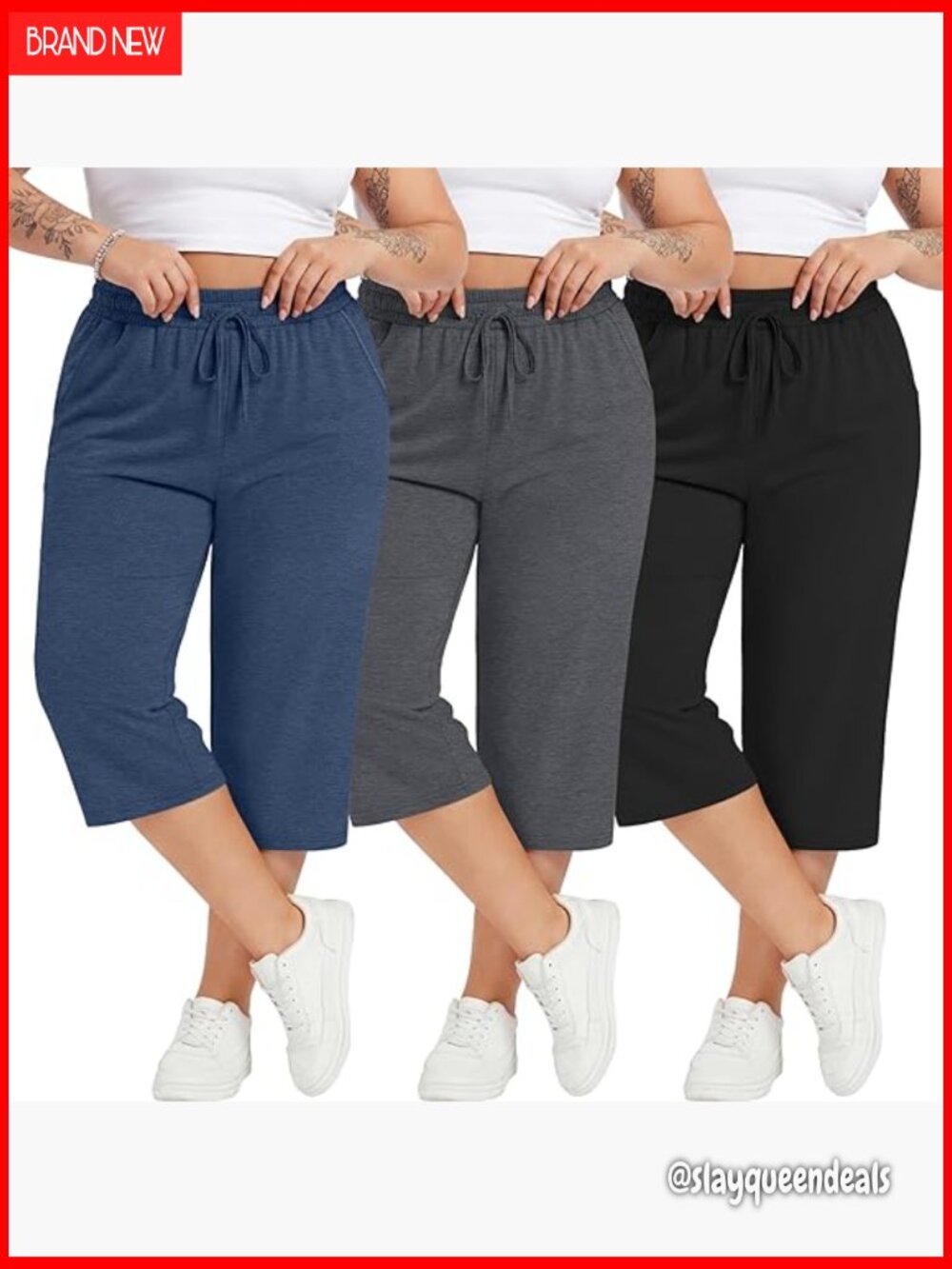 Plus Size Cotton Capris, Stretchy Wide Leg Cropped Pants with Pockets, Lounge